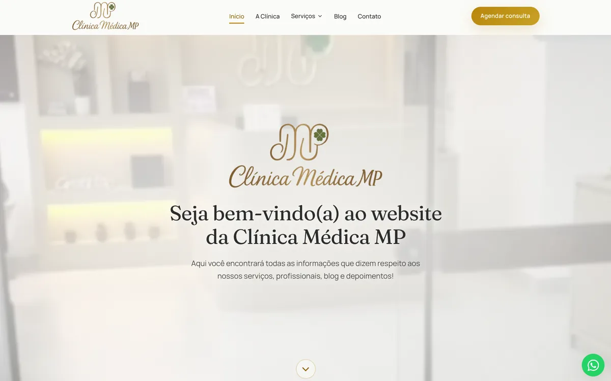 Página inicial do site da Clínica Médica MP, com o logo da clínica e a mensagem de boas-vindas